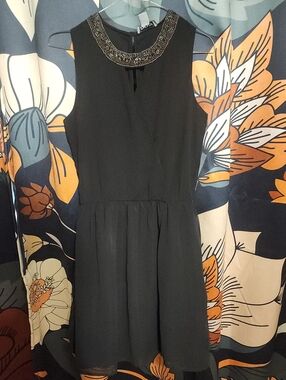 DKNY Black Sleeveless Beaded-Collar Mini Dress